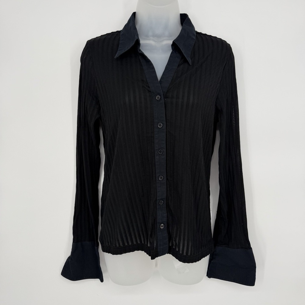 Sweet Lily Sz L‎ Black Sheer Striped Collared Button Down Shirt Whimsigoth Y2K